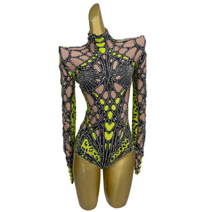 Body Sexy con Stampa e Strass, Costume da Spettacolo per Cantanti e Ballerine, Tuta Intera per Performance Live - Product Image 1