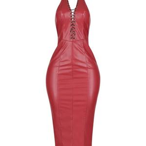 Nuevo Vestido de Cuero Sintético Negro Estilo Spicy Girl para Mujer, Sexy, con Cuello en V, Espalda Descubierta, Midi, Ajustado, para Fiesta o Club - Product Image 3