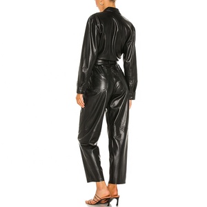 Ultime di Modo Alla Moda Fresco Maniche Lunghe Autunno Inverno Faux di Cuoio Nero Solido Delle Donne di Un Pezzo Tute - Product Image 4