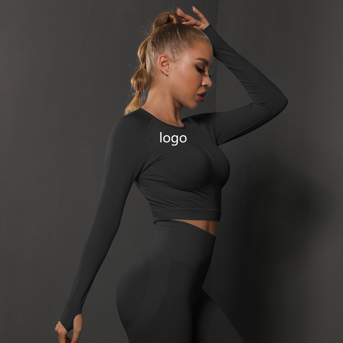 OEM New Breathable Spandex/Nylon Solid Four-Way Stretch Crew-neck Blouse Fitness Sports Hollow Tight-fitting Women's Long Sleeve