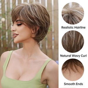 สั้นPixieตัดวิกผมสังเคราะห์กับBangsสีน้ําตาลผสมสีบลอนด์Layered Bobวิกผมผู้หญิงธรรมชาติทุกวันคอสเพลย์ปาร์ตี้ผมปลอม - Product Image 2