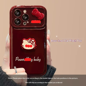 Coque de téléphone antichoc en silicone souple avec lanière motif chat et nœud papillon, couleur rouge bordeaux, pour iPhone/Huawei/Oppo/Vivo/Redmi - Product Image 2