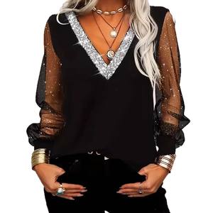 T-<span class=keywords><strong>shirt</strong></span> élégant et doux à manches longues en maille à col en V avec paillettes, mode féminine européenne et américaine, printemps-été - Product Image 5
