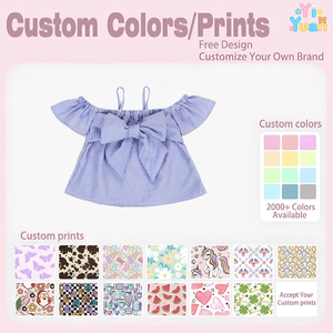 Encantadora Blusa para Niñas Pequeñas con Rayas Azules y Blancas, Hombros Descubiertos, Tirantes Finos, Manga con Volantes, Lazo Frontal y Dobladillo con Vuelo, Servicio Personalizado - Product Image 3