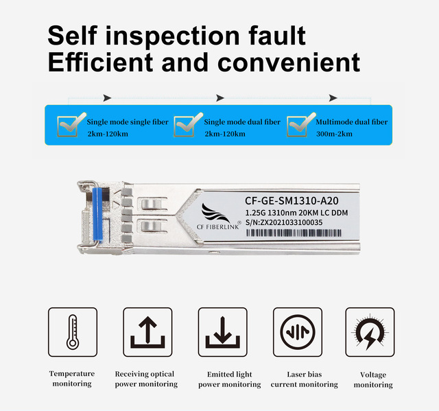 CF FIBERLINK CFY--SM1310-AB20 1.25G SFP Transceiver Module 20km Range 1310nm 1550nm DDM SMF Fiber Compatible SNMP QoS Function