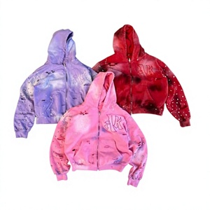Sudadera con Capucha Negra para Hombre, con Cierre Frontal, Estampado, Transpirable, con Pedrería, Estilo Y2K, Corte Holgado, para Invierno - Product Image 1