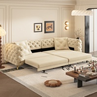 Canapé-lit convertible fait main capitonné à boutons 4 places avec ottoman mobile pour appartement, bureau, chambre – Abricot
