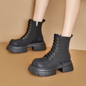Split-Leder Canvas Damen Schnürstiefel mit Seitenreißverschluss Plateau-Martin-Stiefel Klobige PU-Sohle Atmungsaktive Halbstiefel für Alle Jahreszeiten - Product Image 2
