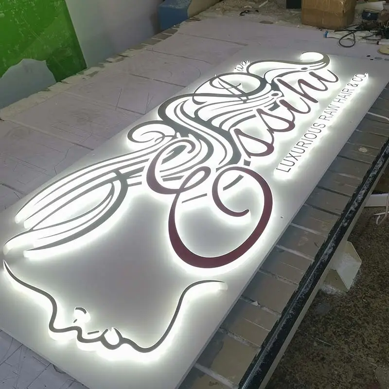 Enseigne murale en acrylique rétro-éclairée avec logo personnalisé très vendue enseigne logo rétro-éclairée 3d avec lumière led pour boutique salon extérieur