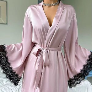Nouvelle Robe de Chambre en Satin de Haute Qualité, Couleur Unie, avec Dentelle, Vente en Gros pour Femme - Product Image 5