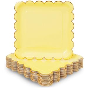 Modern Style Pastel Yellow Disposable Paper <b>Plates</b> with Gold Foil Scallop Edge Hot Selling for Thanksgiving & Ramadan Parties - Product Image 2