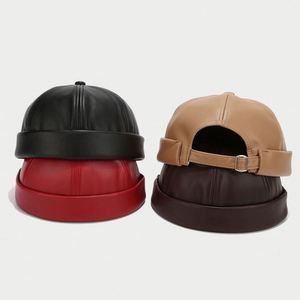 New Solid Color PU Leather Blank Docker <b>Hat</b> Men Women Fashion Simple Retro Autumn Winter <b>Brimless</b> Sports Caps - Product Image 1