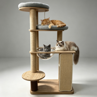 Arbre à chat multi-niveaux moderne et luxueux en bois, avec griffoir vertical en sisal, bol en acrylique transparent et coussin.