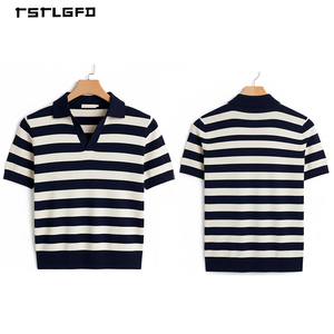 Polo de punto a rayas horizontales para hombre, azul marino y blanco, cuello abierto, estilo Old Money, retro, ropa de verano para resort, polo para hombre - Product Image 4