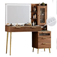 Coiffeuse Moderne Élégante avec Pieds Dorés, Éclairage LED, 5 Tiroirs, Étagère Amovible, Prise de Courant, Bureau en Bois Écologique pour Chambre et Cosmétiques