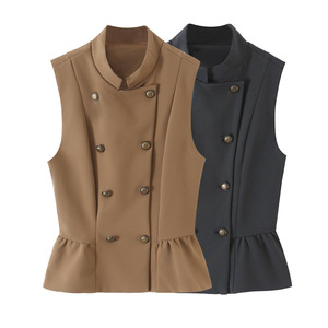 Gilet da donna doppiopetto con peplum personalizzato 2026, gilet corto da ufficio con orlo a balze e bottoni dorati, gilet vintage OEM/ODM - Product Image 1