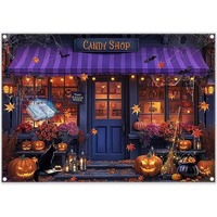 Toile de fond photo pour boutique de bonbons d'Halloween, avec citrouille violette, balai de sorcière, décor de fête, bannière personnalisable
