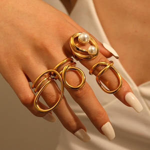 Geometric Stainless Steel <b>Rings</b> For Women 18k Gold Plated <b>Titanium</b> Steel Jewelry Party Fashion <b>Rings</b> With Pearl Inlay - Product Image 3