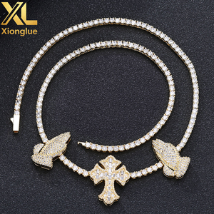 Hip Hop Brass/Copper Alloy 3.5mm <b>Cross</b> Prayer Hand Zircon Micro Insert Link <b>Chain</b> Customized Engagement Unisex Retro Necklace - Product Image 3