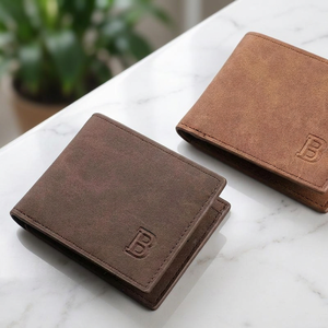 Men Genuine Leather Slim Bifold <b>Wallet</b> With Embossed Letter B Minimalist Design Short Fold Closure Daily Use - Product Image 4