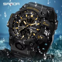 SANDA jam tangan olahraga untuk pria Jam Alarm Stopwatch LED Digital lampu belakang tampilan waktu ganda jam tangan pria kuarsa jam tangan tahan air