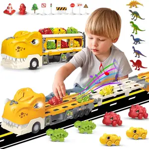 बच्चों के लिए डायनासोर ट्रक खिलौने, फोल्डिंग रेस ट्रैक और लड़कों के लिए 6 रेस कार डायनासोर खिलौने के साथ डिनो ट्रांसपोर्ट कैरियर