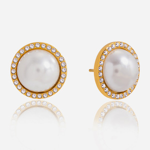 Pearl <b>Stud</b> <b>Earrings</b> Gold Plated With <b>Crystal</b> Bezel Setting For Everyday Wear - Product Image 1