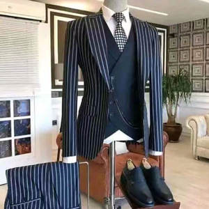 设计男士西装三件套条纹夹克裤子背心单排扣正式新郎舞会商务定制男装 - Product Image 1
