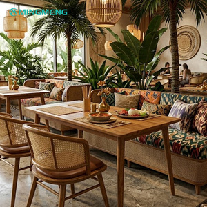 Ensemble de banquettes de restaurant tropical, structure en bois, chaise en rotin, mobilier de salle à manger moderne, usage commercial, 4 places - Product Image 1