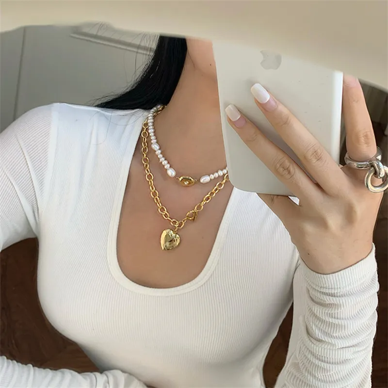 Trendy Elegante Parel Chunky Choker 14K Vergulde Messing Link Chain Zirkoon Hart Hanger Ketting