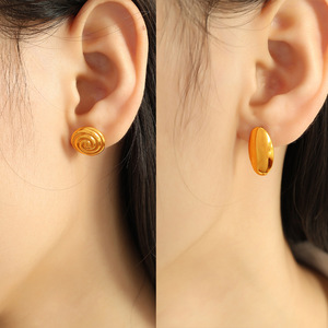 <b>Stud</b> Earrings 18k Gold Plated Stainless Steel Round Geometric Women's Fashion Jewelry - Product Image 2