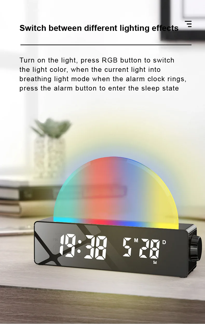 Alarm clock with RGB lighting effects.