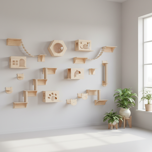 Durable Classic Wood &amp; Linen <strong>Wall</strong> Mounted <strong>Cat</strong> <strong>Climbing</strong> Tree Shelving Set for Pet Play Halloween Edition - Product Image 1
