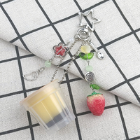 Nouveau design tendance : Porte-clés japonais mignon en forme de flan aux œufs rose et jaune, style Y2K, esthétique rétro métallique, accessoire perlé