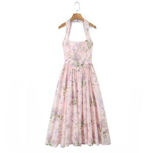 TAOP&ZA <span class=keywords><strong>Primavera</strong></span>/Estate <span class=keywords><strong>2022</strong></span> Nuovo Abito da Donna Retro Stampato Sexy con Schiena Scoperta, Vestibilità Aderente, Spacco e Fiocco al Collo 7500 - Product Image 1