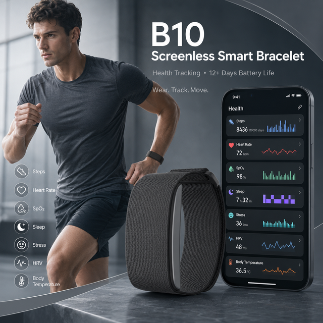 B10 Screenless Smart Bracelet No Display Fitness Tracker 12-Day Battery Health Monitoring BLE 5.3 3ATM Waterproof Smart Band