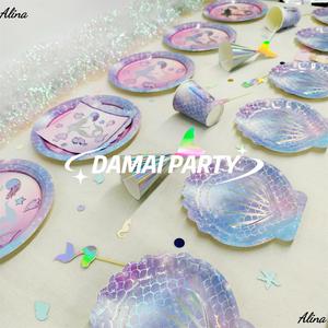 DAMAI filles fête d'anniversaire fournitures <span class=keywords><strong>violet</strong></span> sirène méduse <span class=keywords><strong>jetable</strong></span> fête vaisselle vaisselle gobelets en papier serviettes assiettes - Product Image 2