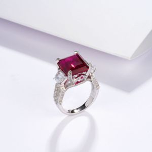 925 Sterling <b>Silver</b> <b>Emerald</b> Cut Lab Grown Ruby <b>Ring</b> with Side Moissanite Diamonds Luxury Engagement <b>Ring</b> for Women - Product Image 5