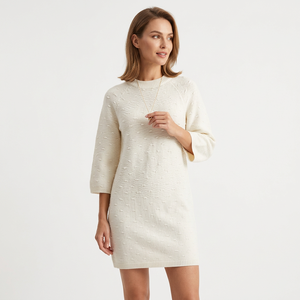 Vestido de Punto de Lana Texturizada Sólida Blanca, Cuello Alto, Manga Tres Cuartos, Midi, Estilo Pullover, Ropa Casual de Otoño - Product Image 1