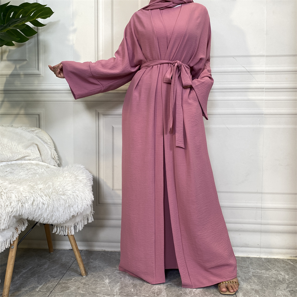 1956#[abaya+inner dress+hijab]muslim 3pcs open abaya set plain color outfit hijab 10 colors - CHAOMENG MUSLIM SHOP