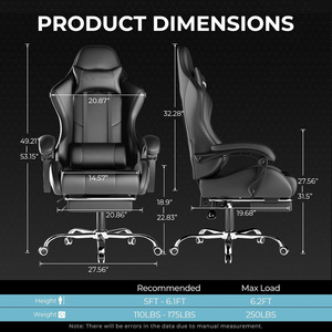 Chaise de jeu de massage noire la plus confortable et relaxante, entièrement en cuir, avec siège pivotant à 360 degrés, réglable en hauteur pour le bureau - Product Image 5