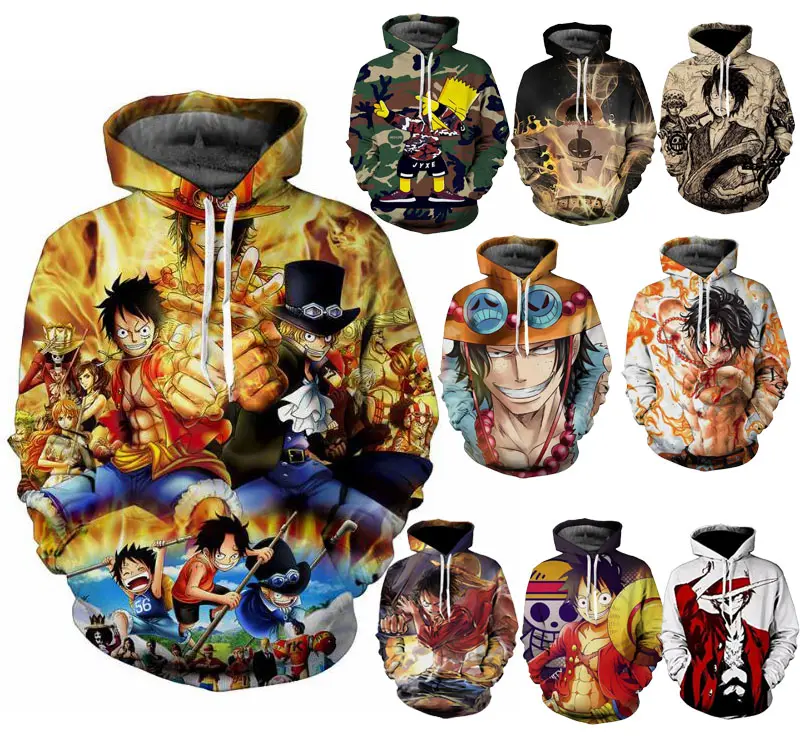 Kustom Unisex Anime One Piece 3D Hoodie Harajuku Kartun Pullover Saku Blus Tops Mens Hoodies Kaus