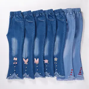 2022 Children Blue Cute Washed Flared Denim Trousers for 3-13 Years Fashion Toddler Girl Sweet Bell-Bottoms Jeans Pants