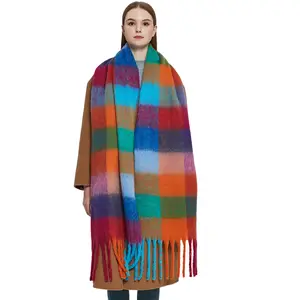 Wholesale Chunky Scarf Shawls Women's Winter Thick Knit Long Shawl Cape Poncho Fringe Stripe Scarf With Tassel