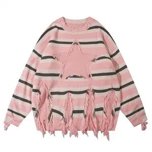 Maglione a righe con toppa vuota con stelle di Design di nicchia maglione a maglia larga con nappine