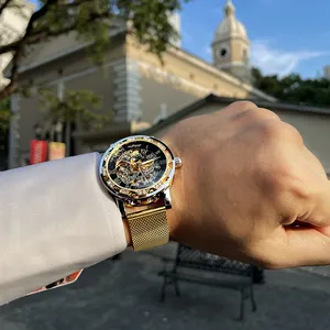 Winner 1089 montres mécaniques décontractées <span class=keywords><strong>pour</strong></span> hommes <span class=keywords><strong>montre</strong></span>-bracelet de ceinture romaine dorée en acier inoxydable avec bracelet en maille horloge - Product Image 4