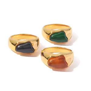 Green crystal gold plated big stone rings gold plated stainless steel rings with gem stones for women