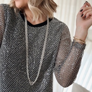 Le plus récent chemisier à doublure avant personnalisé argent Crochet matériel T-shirt à manches longues paillettes transparentes coupe ample encolure ronde haut - Product Image 3