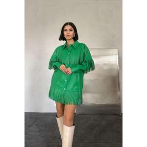 Chaqueta Blusón de Cuero Verde con Borlas, Manga Larga, Tejido de Tela, Estilo Femenino - Product Image 3