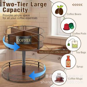 Cross-border wooden double-layer rotating condiment rack, coffee beverage organizer, <b>desktop</b> coffee capsule cup holder - Product Image 4